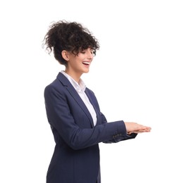 Photo of Beautiful young businesswoman in suit on white background