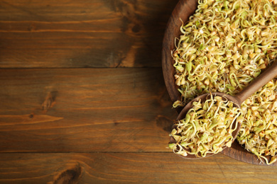 Spoon and plate with sprouted green buckwheat on wooden table, top view. Space for text