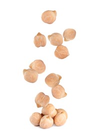 Image of Raw chickpeas falling into pile on white background