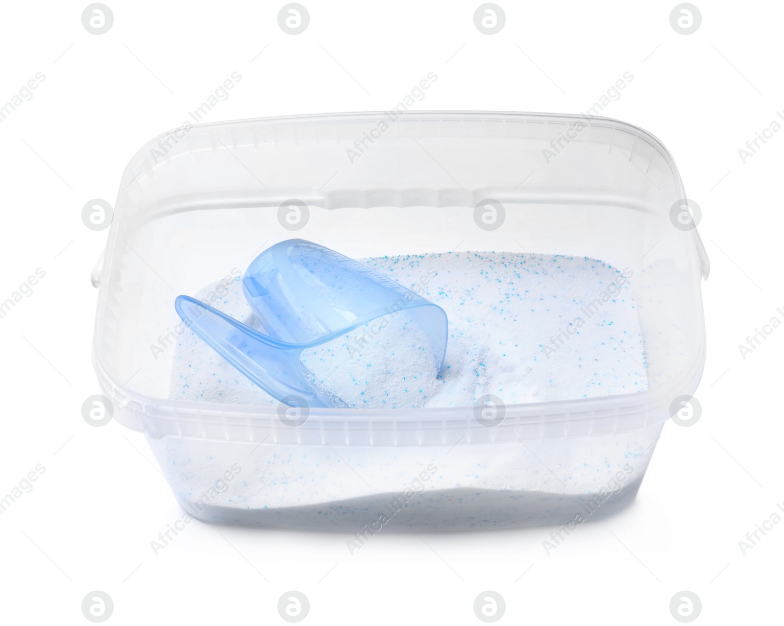 Photo of Plastic container with laundry powder and measuring cup isolated on white