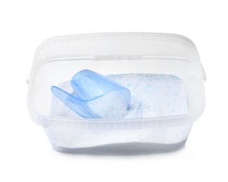 Plastic container with laundry powder and measuring cup isolated on white