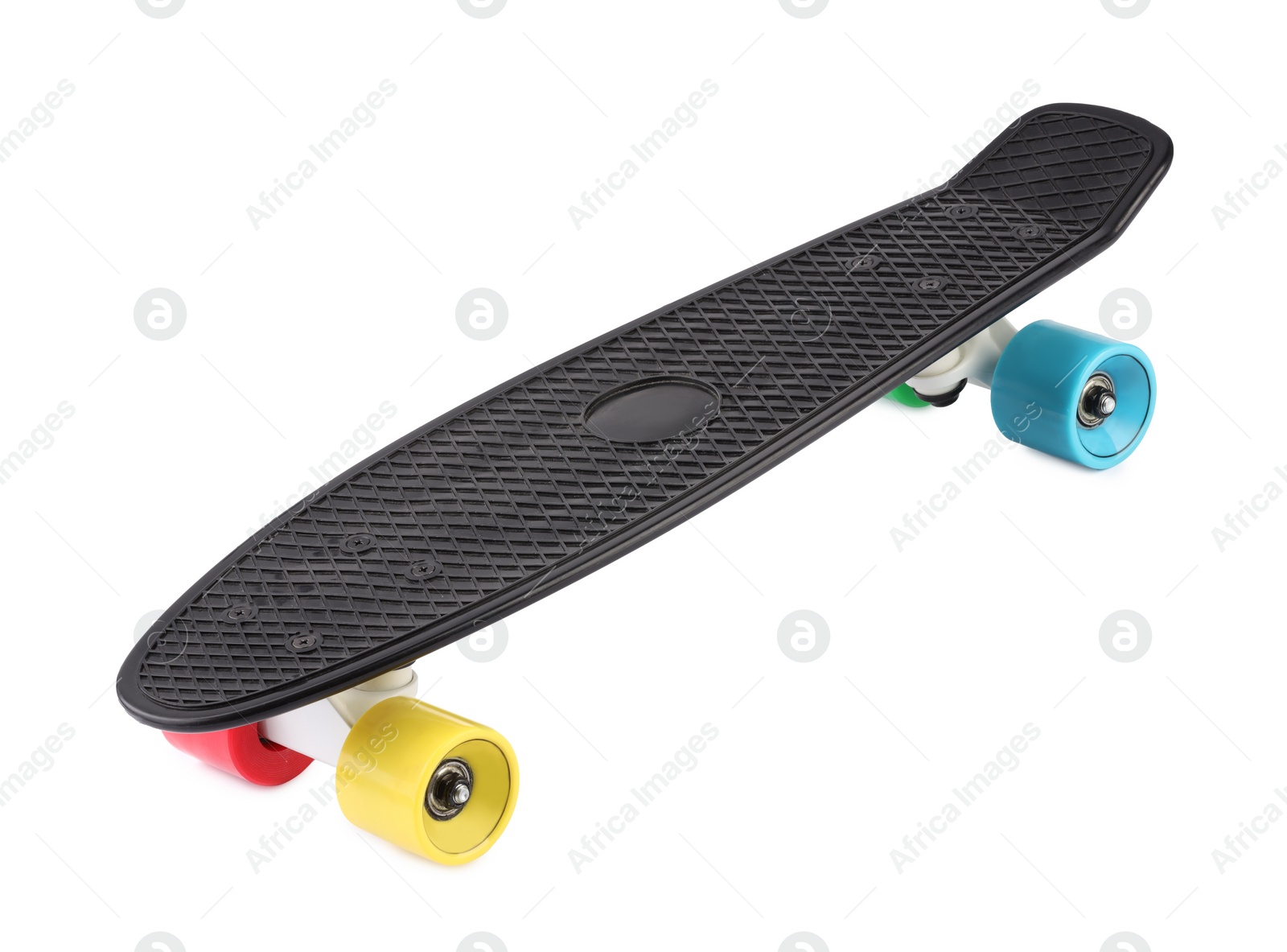 Photo of Black skateboard with colorful wheels isolated on white. Sports equipment