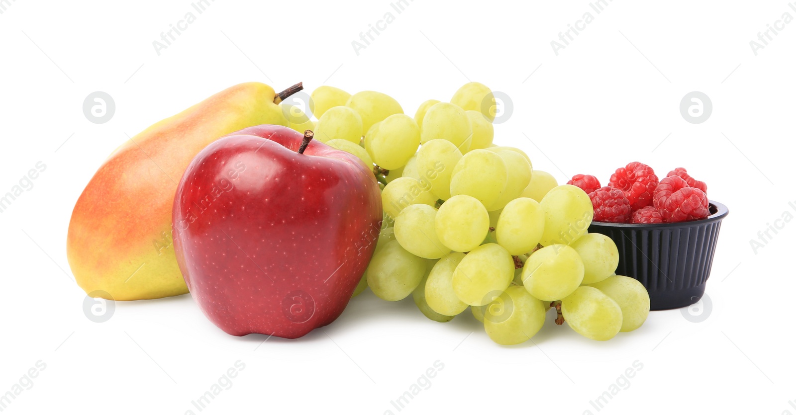 Photo of Delicious ripe fruits and raspberries isolated on white