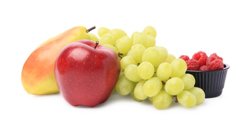 Delicious ripe fruits and raspberries isolated on white