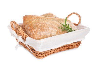 Crispy ciabattas in wicker basket isolated on white. Fresh bread