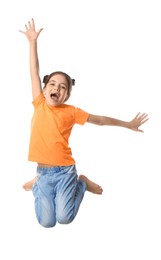 Cute little girl jumping on white background