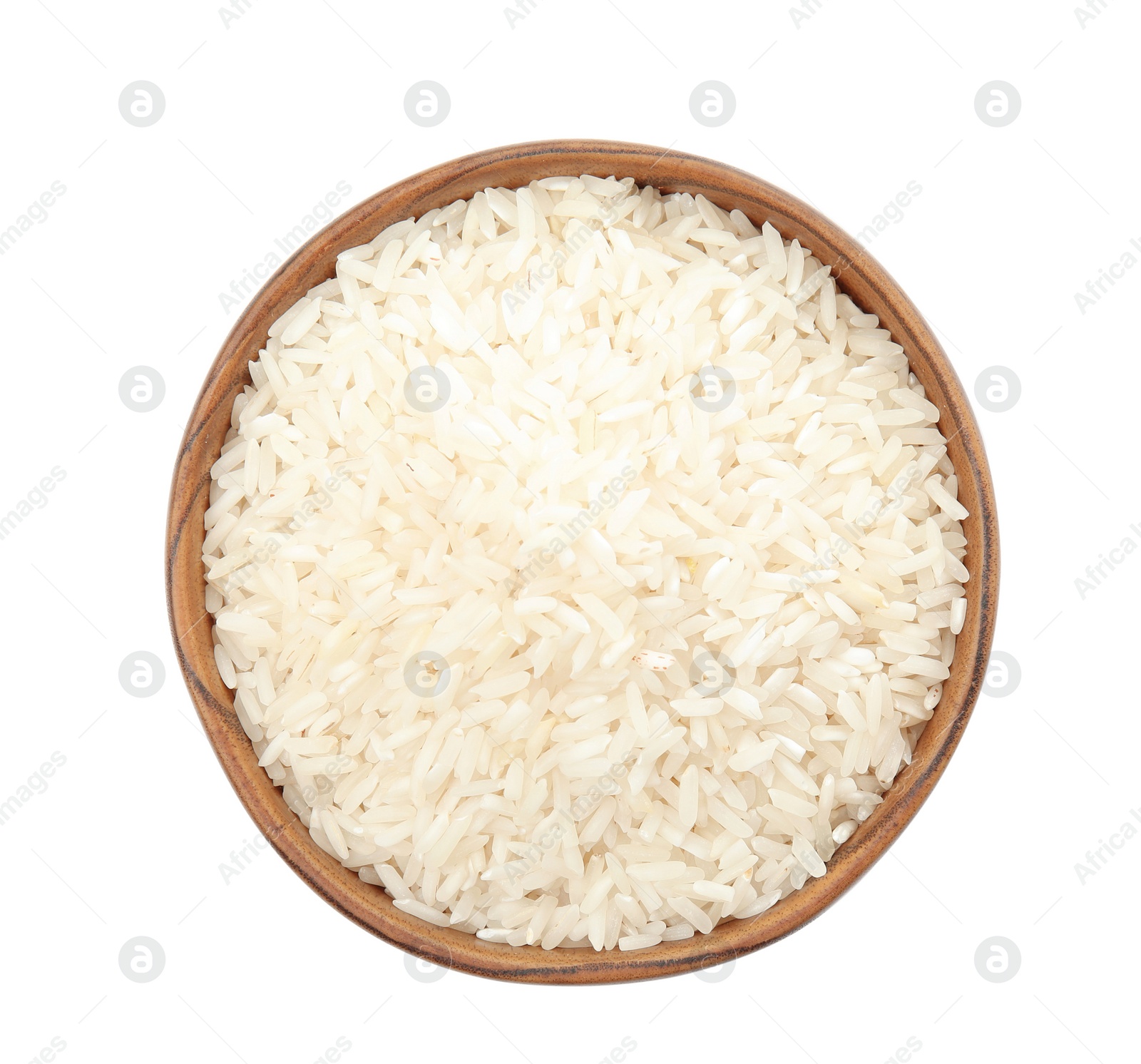 Photo of Bowl with uncooked rice on white background, top view