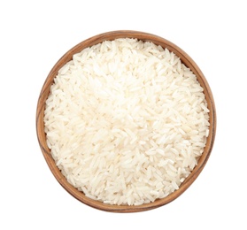 Photo of Bowl with uncooked rice on white background, top view