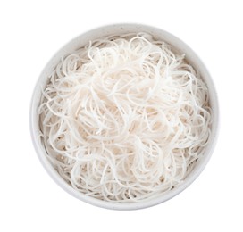 Photo of Bowl with cooked rice noodles isolated on white, top view