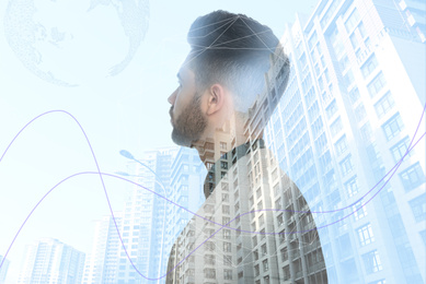 Image of Double exposure of young businessman and cityscape. Financial analytics