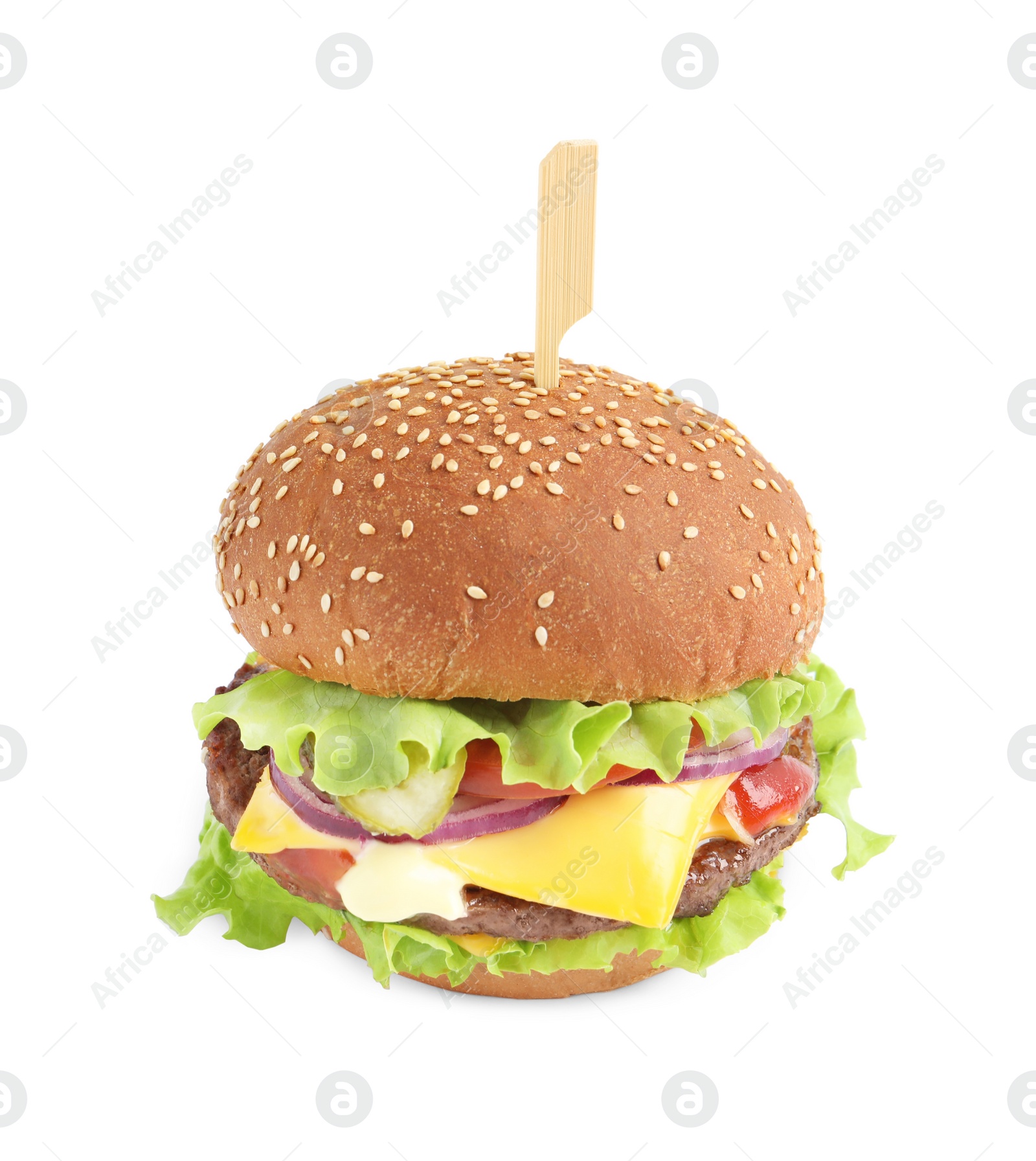 Photo of Delicious burger with beef patty and lettuce isolated on white