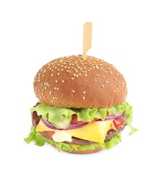 Delicious burger with beef patty and lettuce isolated on white