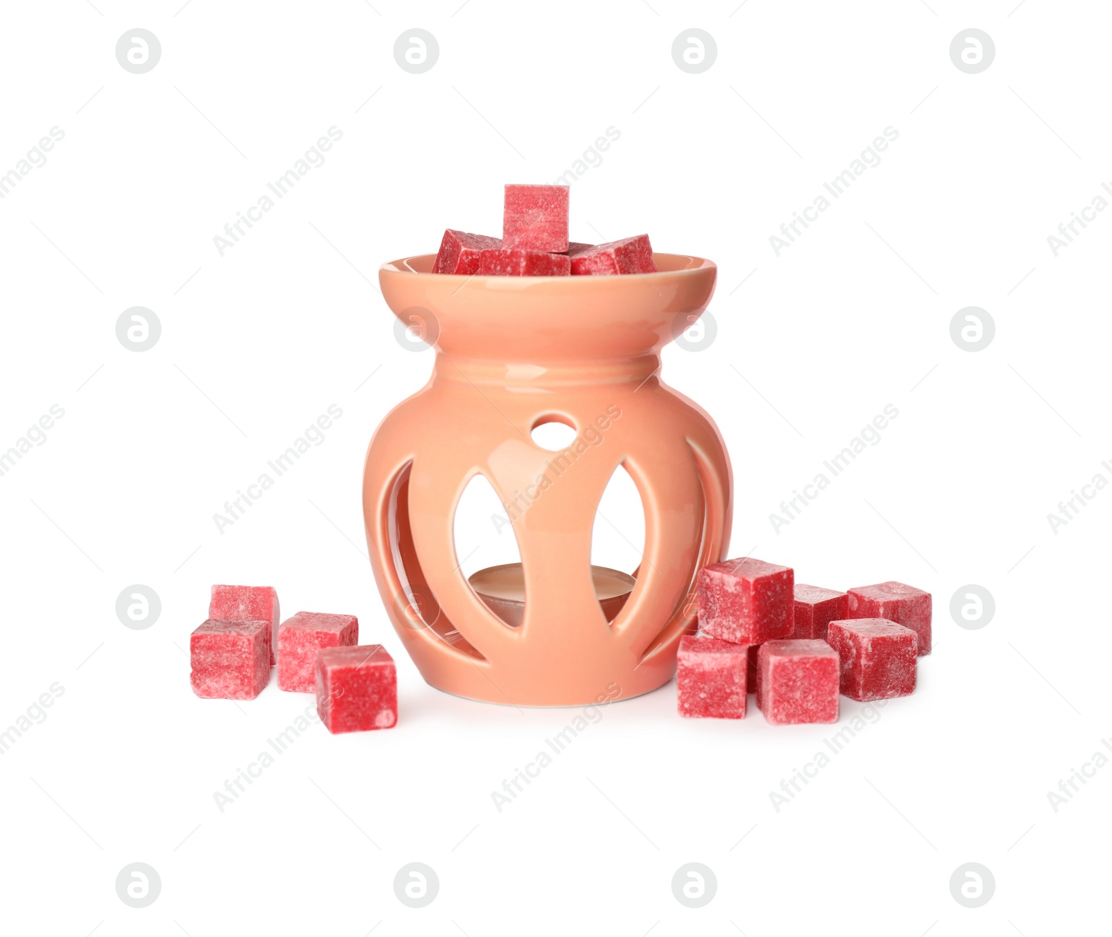 Photo of Stylish aroma lamp with essential wax cubes on white background