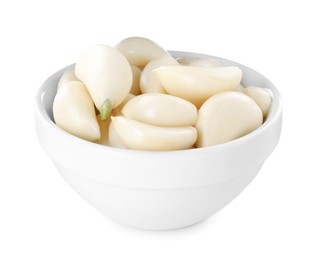 Peeled cloves of fresh garlic in bowl isolated on white