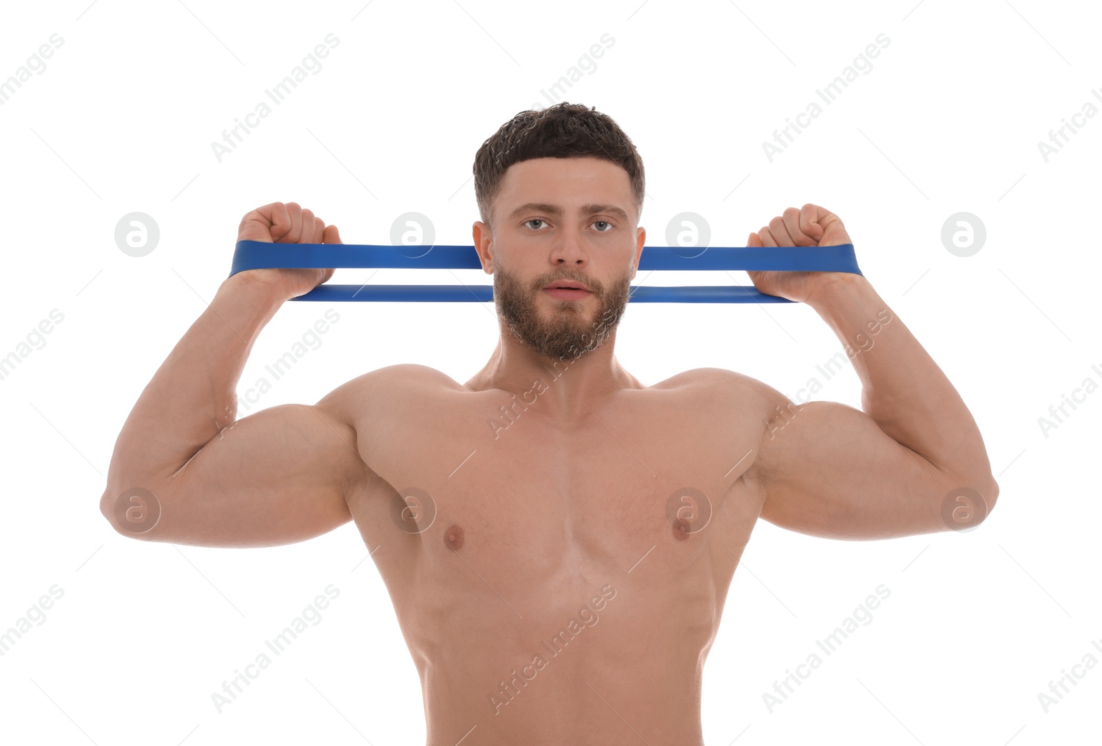 Photo of Young man exercising with elastic resistance band on white background