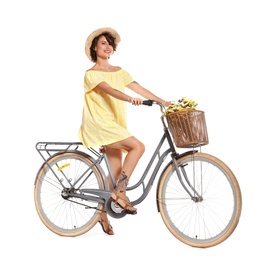 Photo of Portrait of beautiful young woman with bicycle on white background