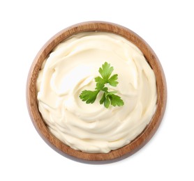 Bowl with delicious mayonnaise and parsley isolated on white, top view