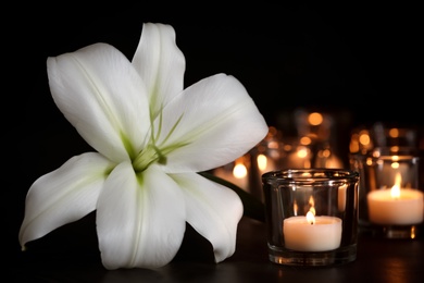 White lily and burning candles on table in darkness. Funeral symbol