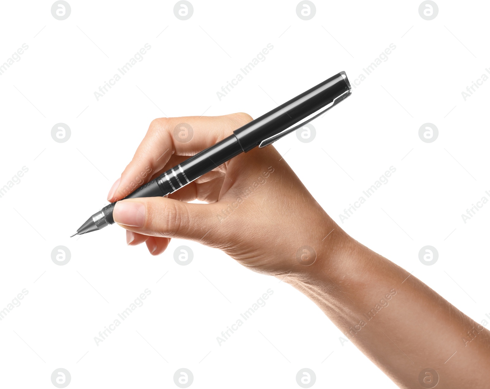 Photo of Young woman holding pen on white background, closeup