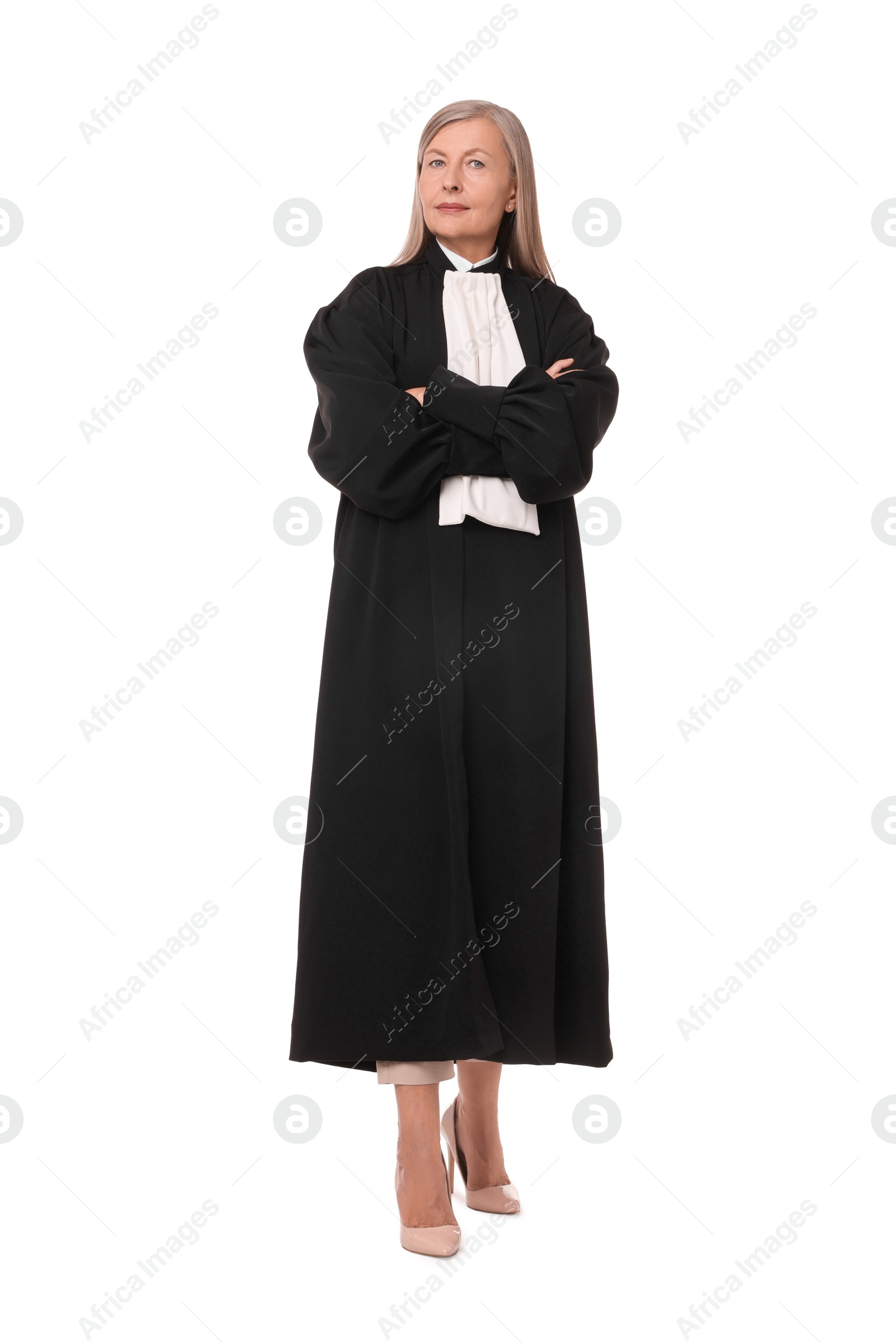 Photo of Beautiful senior judge in court dress on white background