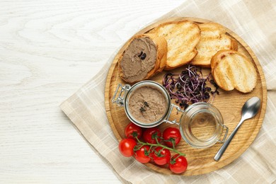 Delicious liver pate, bread and tomatoes on white wooden table, top view. Space for text