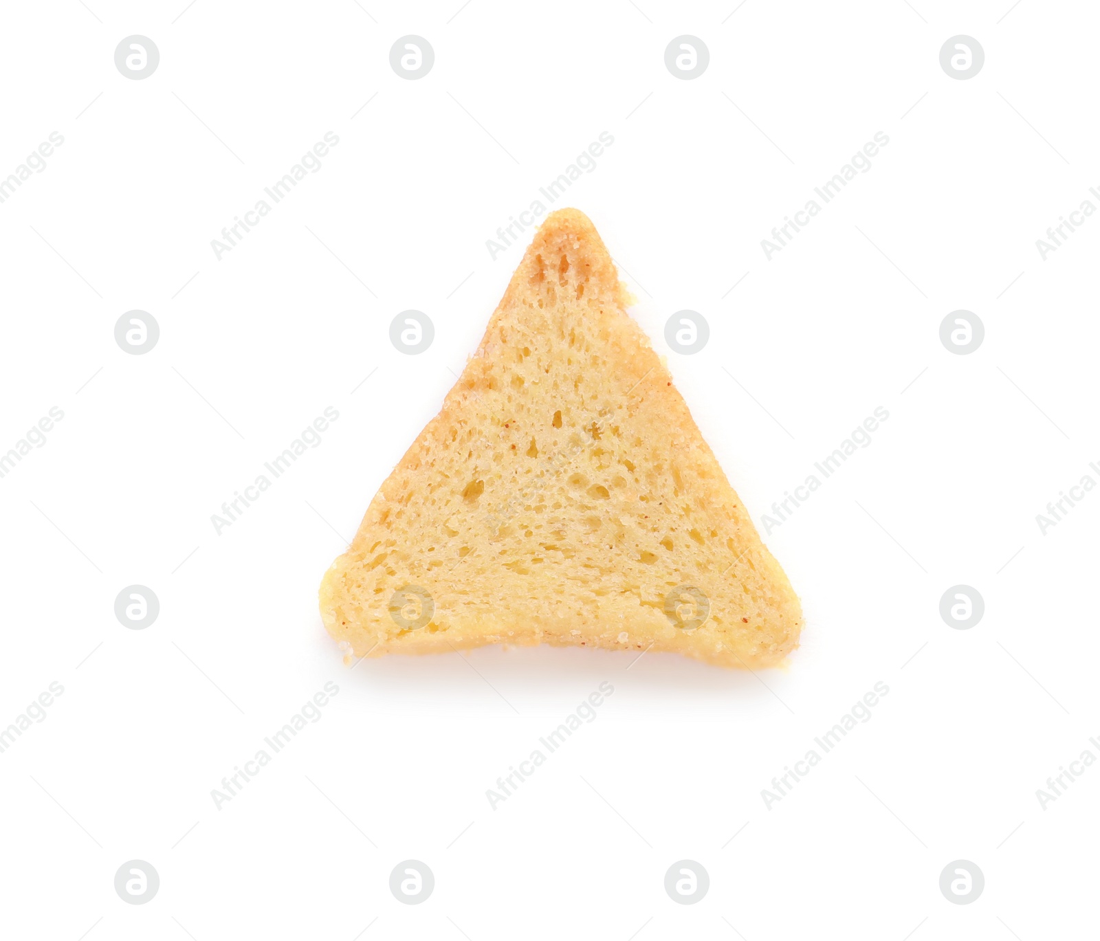 Photo of One delicious crispy rusk isolated on white, top view