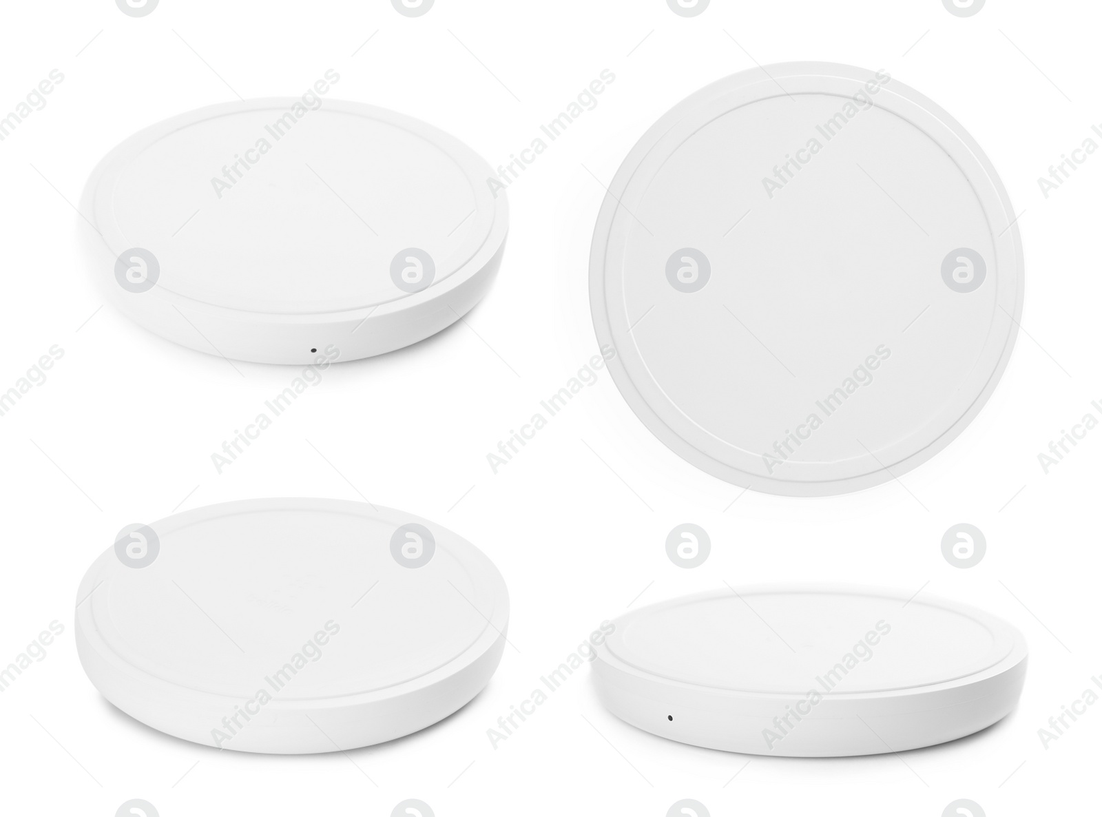 Image of Collage with wireless chargers on white background