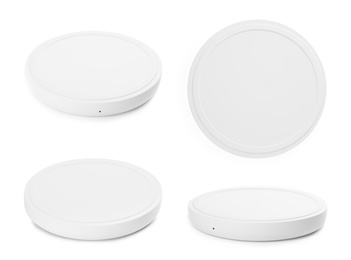 Image of Collage with wireless chargers on white background