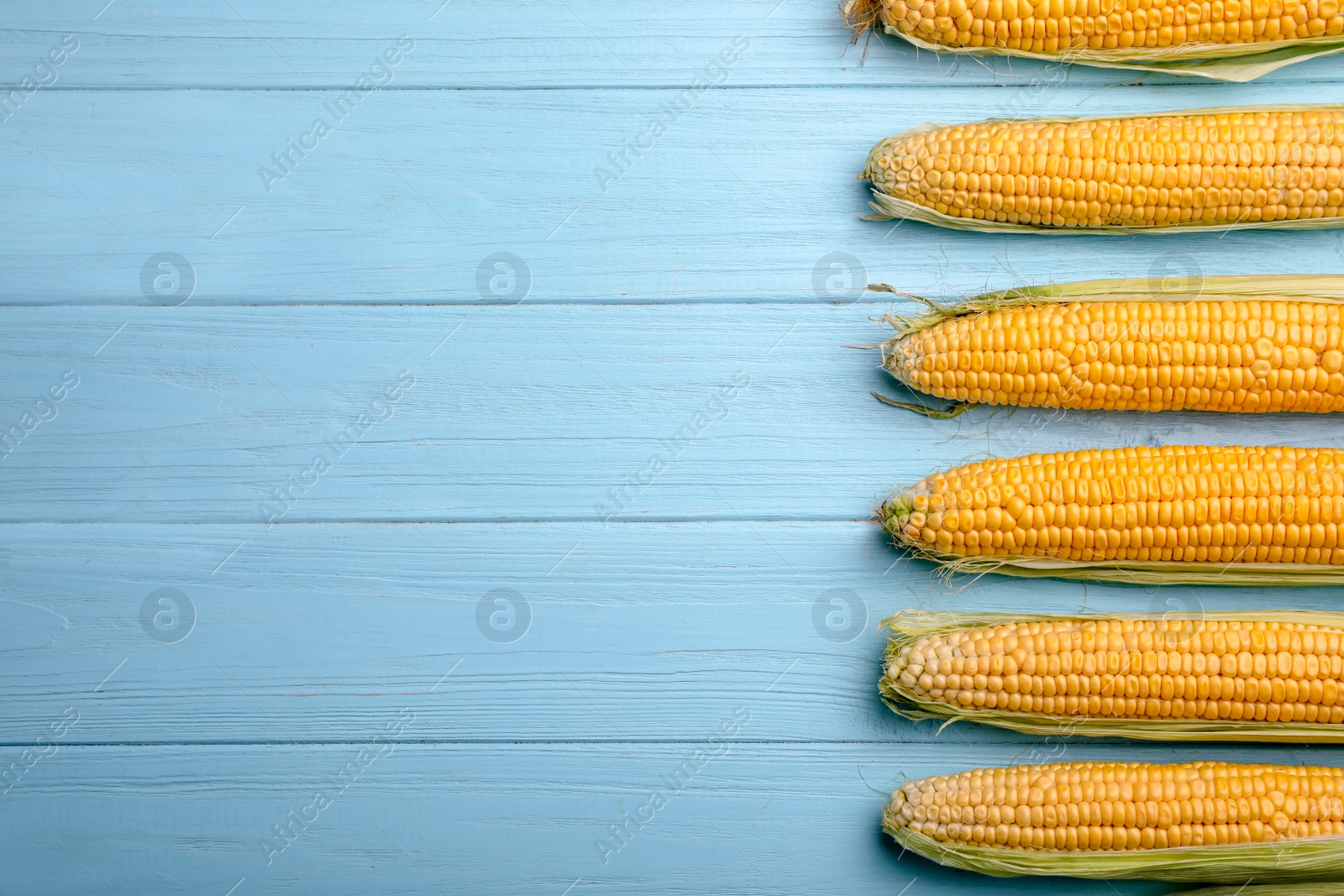 Photo of Flat lay composition with tasty sweet corn cobs on wooden background