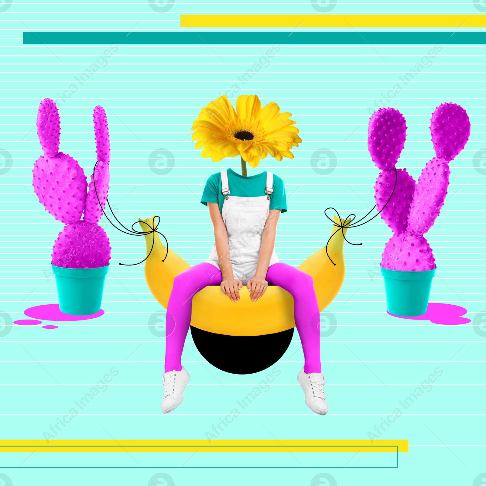 Image of Creative art collage. Woman with gerbera instead of head sitting on banana. Swing tied to bright cactuses on color background