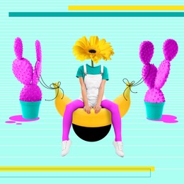 Creative art collage. Woman with gerbera instead of head sitting on banana. Swing tied to bright cactuses on color background
