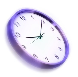 Image of Closeup view of clock on white background, motion blur effect. Time concept