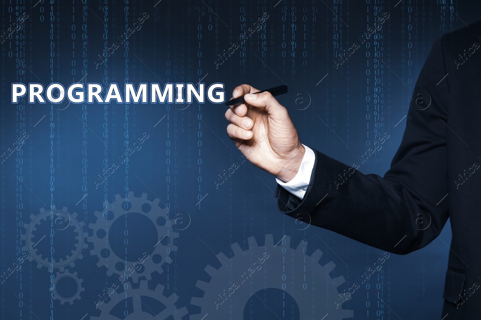 Image of Businessman pointing at word PROGRAMMING on virtual screen, closeup 