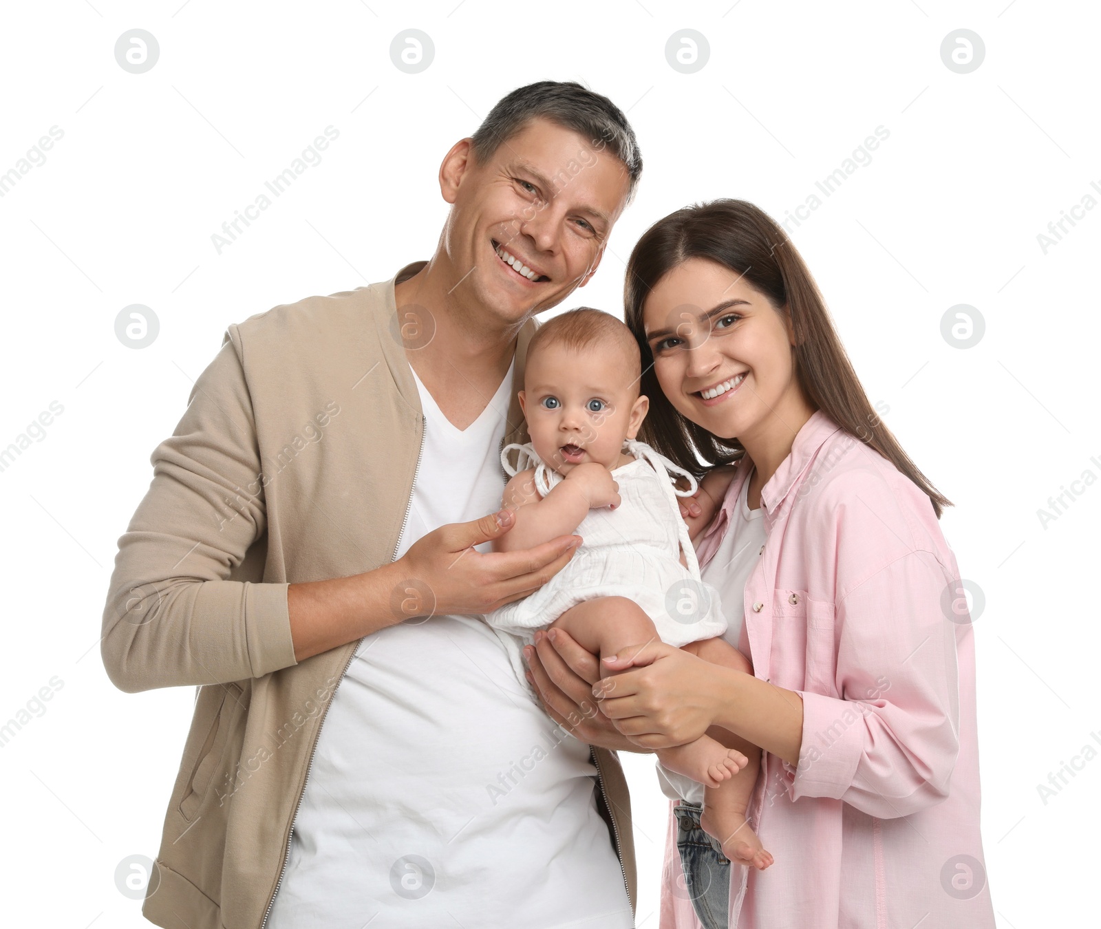 Photo of Portrait of happy family with their cute baby on white background