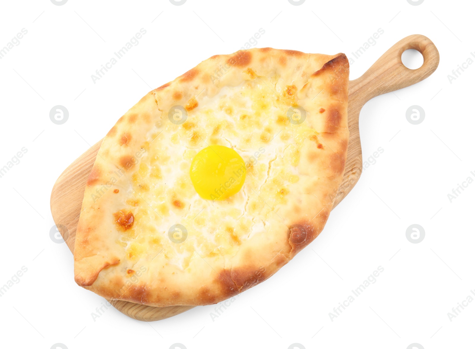 Photo of Fresh delicious Adjarian khachapuri isolated on white, top view