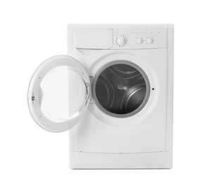 Photo of Modern washing machine isolated on white. Laundry day