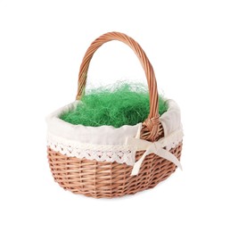 Photo of Easter wicker basket with decorated grass isolated on white