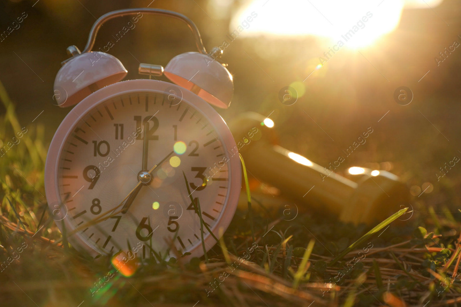Photo of Alarm clock and dumbbells on green grass outdoors, closeup with space for text. Morning exercise