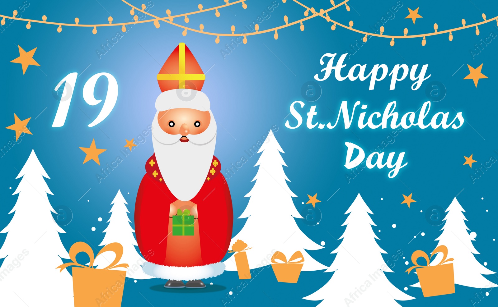 Illustration of Saint Nicholas on blue background, illustration. Greeting card design