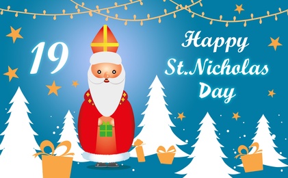 Saint Nicholas on blue background, illustration. Greeting card design