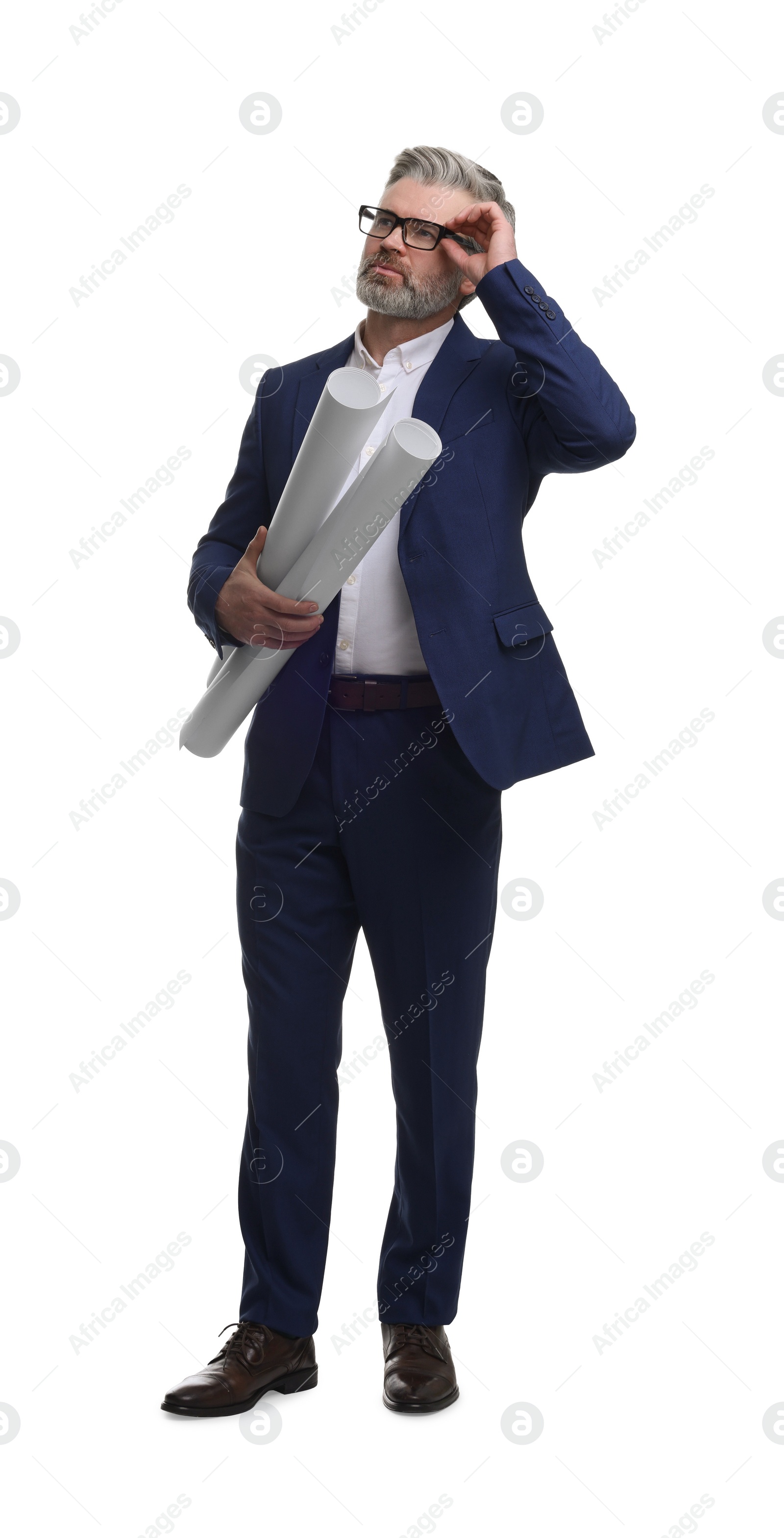 Photo of Architect in glasses holding drafts on white background