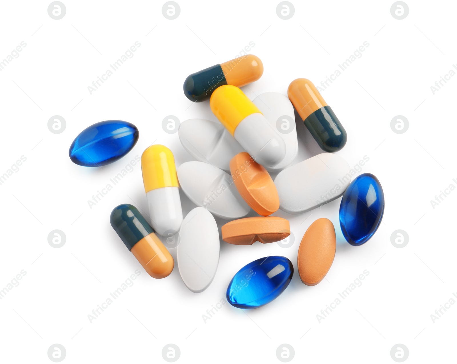 Photo of Many different pills isolated on white, top view