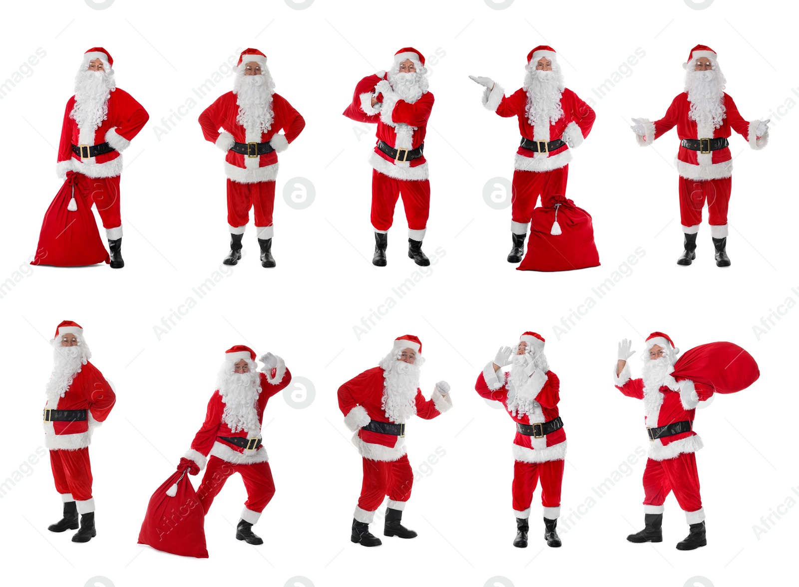 Image of Santa Claus on white background, set of photos. Christmas celebration