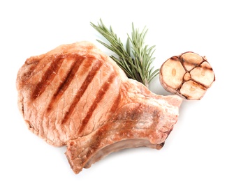 Photo of Delicious grilled meat with garlic and rosemary on white background, top view