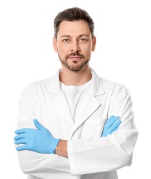 Photo of Doctor or medical assistant (male nurse) in uniform on white background