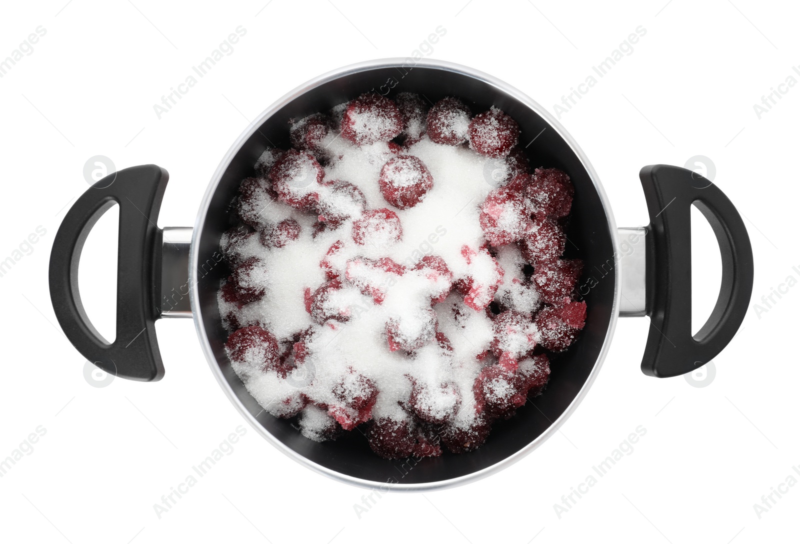 Photo of Pot with cherries and sugar on white background, top view. Making delicious jam