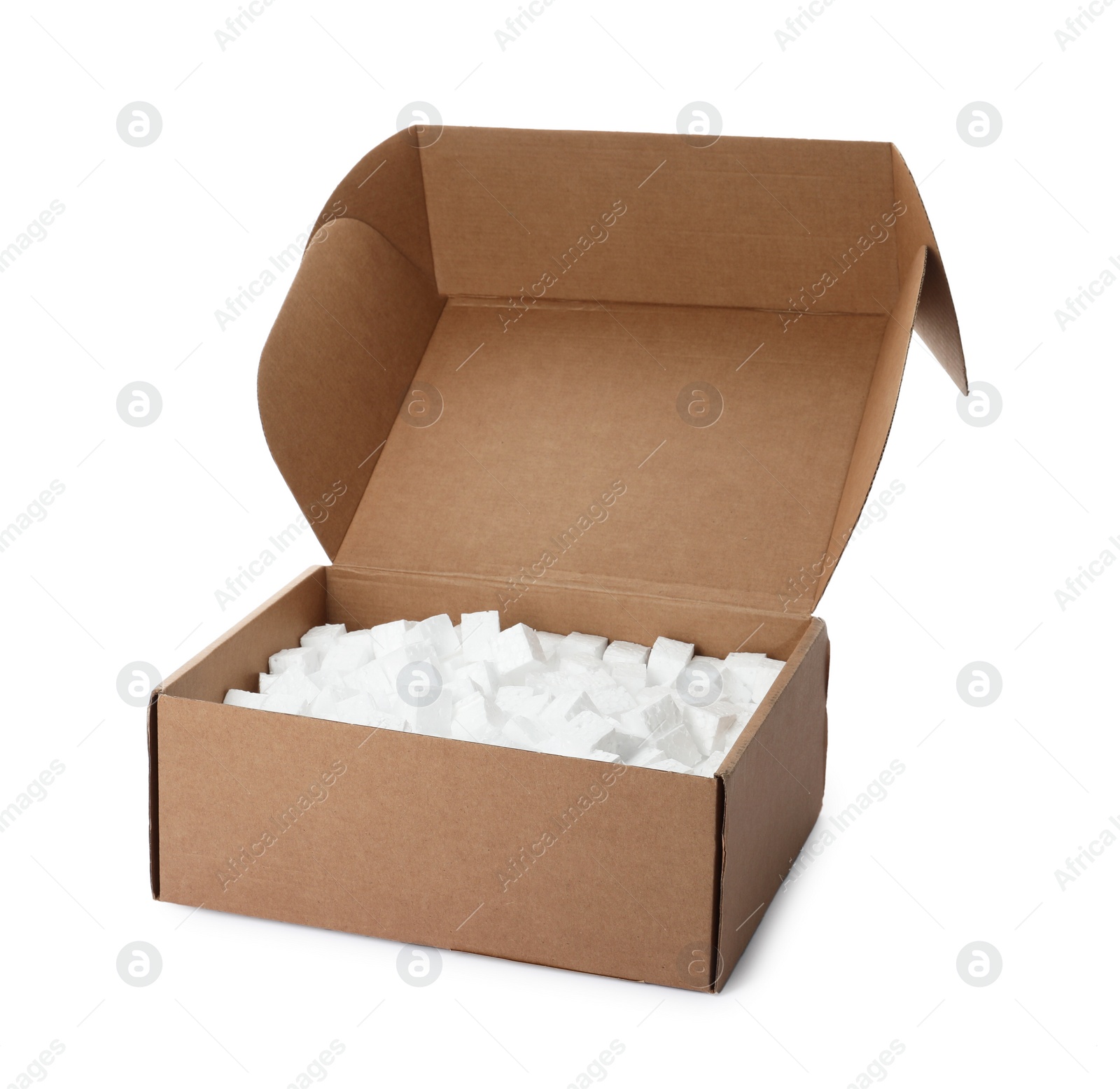 Photo of Cardboard box with styrofoam cubes isolated on white