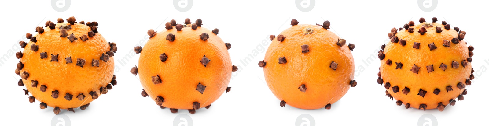 Image of Set with pomander balls made of tangerine and cloves on white background. Banner design