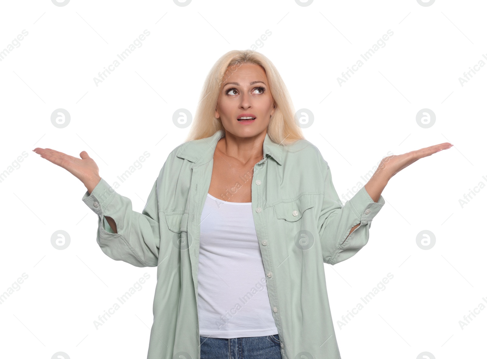 Photo of Portrait of emotional woman on white background