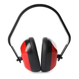 Photo of Protective headphones on white background. Construction tool